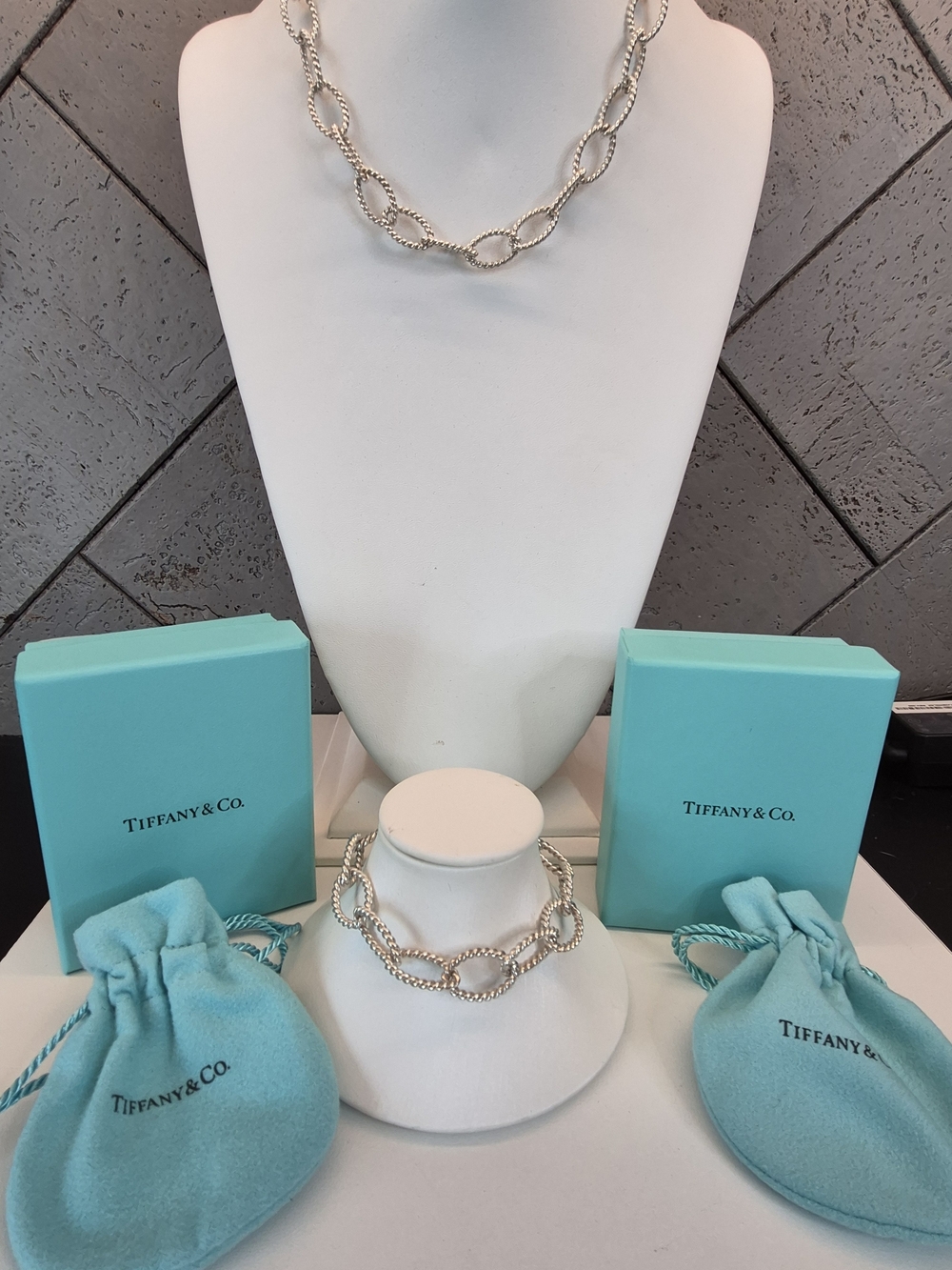 Tiffany & Co. Sterling Silver Oval Twisted Link Necklace & Bracelet Set w/BOXES